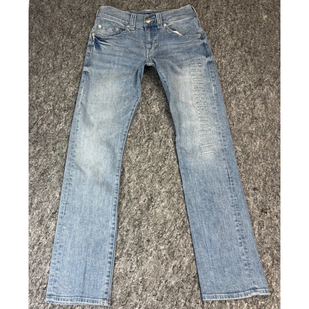 True Religion Ricky Relaxed Straight Jeans Mens 30 Light Wash Embossed Logo Blue